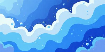 The primary subject of the image is a blue ocean with white waves. The setting is a blue sky, and the visual style is a digital art or illustration. The dominant colors are blue and white, creating a calm and serene atmosphere.