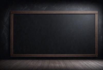 The primary subject of the image is a large blackboard with a wooden frame. The setting is a dark room, and the visual style appears to be a photo. The blackboard is the main focus of the image, and the overall atmosphere is dark and moody.