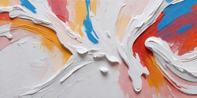 The primary subject of the image is a painting of a white and colorful background. The setting is a white canvas, and the visual style appears to be a combination of digital art and illustration. The colors and mood of the painting are vibrant and lively, with a mix of white, red, blue, and yellow hues.