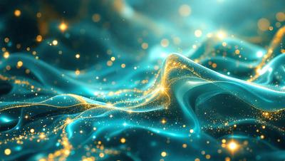 The primary subject of the image is a blue, swirling, and sparkling background. The setting is a space with a blue, shimmering, and glowing background. The visual style is a digital art or illustration, creating a vibrant and dynamic atmosphere. The colors and mood are predominantly blue, with a sense of movement and energy.