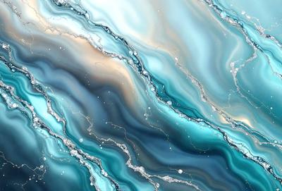 The primary subject of the image is a blue and white ocean scene with a waterfall. The setting is a blue ocean with a waterfall cascading into it. The visual style is a digital art or illustration, creating a vibrant and dynamic atmosphere. The dominant colors are blue and white, with the blue ocean and white waterfall creating a serene and calming mood.
