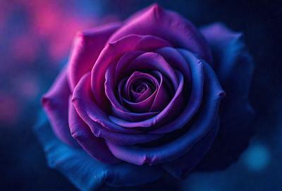 The primary subject of the image is a purple rose. The rose is the main focus of the image, and it is displayed against a blue background. The visual style of the image is a close-up of the rose, showcasing its details and texture. The dominant colors in the image are purple and blue, creating a calm and serene atmosphere.