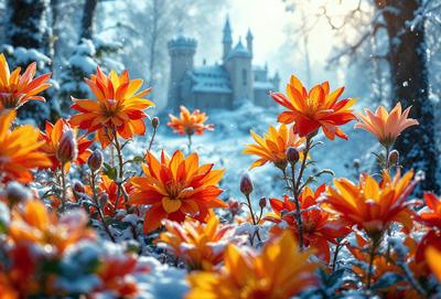Primary subject: Flowers
Setting/background: Snow-covered ground
Visual style: Photo
Colors and mood: Bright, warm, and vibrant