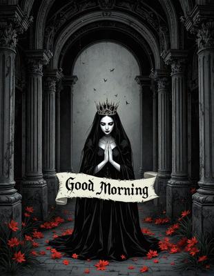 The primary subject of the image is a woman dressed in a black gown, with a crown on her head. She is praying, with her hands clasped together. The setting is a dark, possibly Gothic, environment, with a castle-like structure in the background. The visual style is a combination of digital art and illustration, creating a dramatic and moody atmosphere. The colors are predominantly black and red, with the red flowers adding a touch of warmth to the scene.