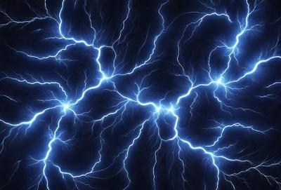 The primary subject of the image is a close-up of a lightning bolt, which is the main object, scene, or focus of the image. The setting is a dark background, which creates a dramatic and intense atmosphere. The visual style is a digital art or illustration, as the lightning bolt is depicted in a detailed and artistic manner. The colors and mood are dominated by the bright blue and white hues of the lightning bolt, which evoke a sense of energy and power.