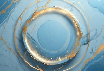 The primary subject of the image is a blue circle with a golden ring around it. The setting is a blue background, and the visual style appears to be a combination of photo and digital art. The dominant colors are blue and gold, creating a sense of depth and sophistication.