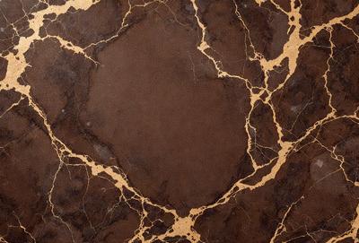 The primary subject of the image is a brown marble countertop with a gold-colored design. The setting is a kitchen, and the visual style is a close-up of the countertop. The colors and mood of the image are warm and elegant, with the gold accents adding a touch of luxury to the marble surface.