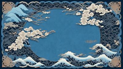 The primary subject of the image is a blue ocean with waves and clouds. The setting is a blue background, and the visual style appears to be a combination of a photo and digital art. The colors are predominantly blue, and the overall atmosphere is serene and calming.