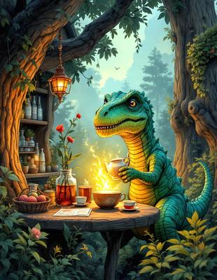 The primary subject of the image is a cartoon dinosaur sitting at a table with a cup of coffee. The setting is a forest, with the dinosaur surrounded by trees and plants. The visual style is a digital art illustration, giving the scene a whimsical and playful atmosphere. The colors are predominantly green, with the dinosaur's skin and the surrounding foliage, creating a lush and vibrant mood.