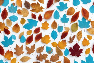 The primary subject of the image is a collection of autumn leaves, which are displayed in various shades of orange, yellow, and blue. The leaves are arranged in a visually appealing manner, creating a sense of depth and dimension. The setting is a white wall, which serves as a clean and neutral backdrop for the vibrant colors of the leaves. The visual style of the image is a combination of photo and digital art, as the leaves are arranged in a pattern that resembles a painting. The dominant colors in the