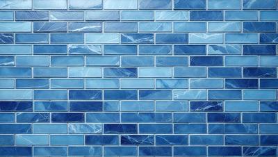 The primary subject of the image is a blue tile wall. The setting is a room with a blue tile wall as the main focus. The visual style is a photo of the blue tile wall. The dominant colors are blue and white, creating a calm and soothing atmosphere.