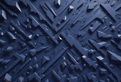 The primary subject of the image is a blue wall with a pattern of geometric shapes, including triangles and squares. The setting is a room with a blue background, and the visual style appears to be a combination of digital art and illustration. The dominant colors are blue and black, creating a modern and sleek atmosphere.