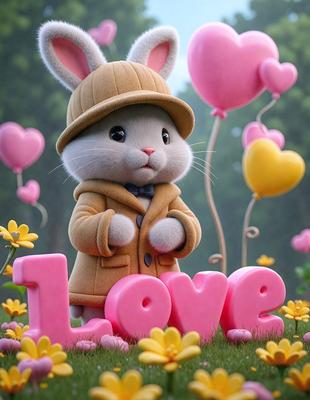 The primary subject of the image is a cute, anthropomorphic bunny wearing a trench coat and hat. The bunny is standing in a field of flowers, which adds a vibrant and lively atmosphere to the scene. The visual style of the image is a combination of photo and digital art, creating a unique and charming appearance. The colors and mood of the image are predominantly pink and cheerful, reflecting the innocence and warmth of the bunny character.