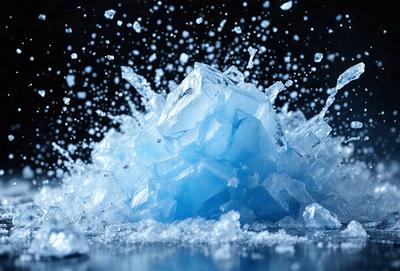 The primary subject of the image is a large, blue, frozen block of ice. The ice is surrounded by a splash of water, creating a dynamic and visually striking scene. The setting appears to be a dark background, which contrasts with the bright blue color of the ice. The visual style of the image is a combination of photo and digital art, as it captures the intricate details of the ice and the water splash. The colors and mood of the image are predominantly dark and moody, with the
