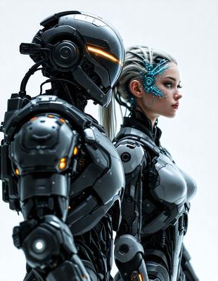 The primary subject of the image is a futuristic robot, which is the main object, scene, or focus of the image. The robot is standing next to a woman, who is also a futuristic character. The setting is a white background, which provides a clean and minimalistic environment for the characters. The visual style of the image is digital art, as it is a well-crafted and detailed illustration. The colors and mood of the image are predominantly dark and futuristic, with the robot and woman