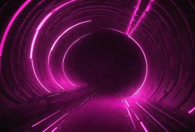The primary subject of the image is a tunnel with a purple light illuminating it. The setting is a dark tunnel, and the visual style appears to be a digital art or illustration. The dominant colors in the image are purple and pink, creating a unique and visually striking atmosphere.