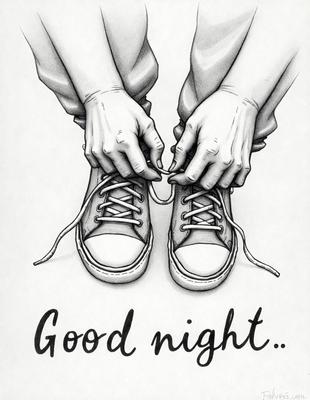 The primary subject of the image is a person's feet, which are wearing a pair of shoes. The setting is a white background, and the visual style is a hand-drawn illustration. The colors and mood of the image are predominantly white, giving it a clean and minimalist appearance.