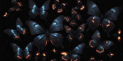The primary subject of the image is a collection of blue and black butterflies. The setting is a dark background, which creates a dramatic and moody atmosphere. The visual style is a digital art or illustration, as the butterflies are depicted in a pattern or texture. The colors and mood of the image are predominantly dark and mysterious, with the blue and black butterflies standing out against the black background.