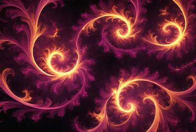 The primary subject of the image is a purple and yellow swirl pattern. The setting is a dark background, which contrasts with the vibrant colors of the swirl pattern. The visual style appears to be a digital art or illustration, as the swirl pattern is intricately detailed and the colors are rich and vivid. The dominant colors are purple and yellow, creating a lively and energetic atmosphere.