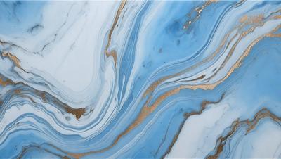 The primary subject of the image is a blue and gold marbled pattern, which is the main focus of the image. The setting is a marbled surface, and the visual style is a close-up of the marbled pattern. The colors and mood of the image are predominantly blue and gold, creating a visually appealing and elegant atmosphere.