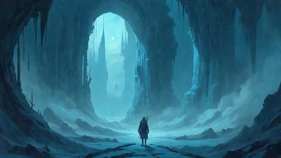 The primary subject of the image is a person, likely a woman, walking through a cave. The setting is a dark, underground cave with a blue atmosphere. The visual style is a digital art or illustration, creating a dramatic and mysterious scene. The colors and mood are predominantly blue, giving the image a cool and moody vibe.