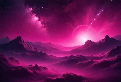 The primary subject of the image is a pink sky with a purple hue, featuring a sunset. The setting is a mountainous landscape with a red planet in the background. The visual style is a digital art or illustration, creating a surreal and dreamy atmosphere. The dominant colors are pink and purple, with the red planet adding a contrasting element to the scene.