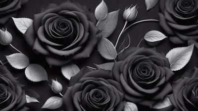The primary subject of the image is a close-up of a black rose. The setting is a dark background, which creates a dramatic and moody atmosphere. The visual style is a black and white photo, giving the image a classic and timeless appearance. The dominant colors are black and white, with the black rose being the focal point of the image.