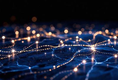 The primary subject of the image is a blue background with a pattern of bright, glowing lights. The lights are scattered across the background, creating a visually striking and luminous scene. The setting appears to be a dark room, with the lights providing a sense of depth and contrast. The visual style of the image is a combination of digital art and illustration, as the lights are depicted in a way that resembles a digital artwork or an illustration of a starry night. The colors and mood of the