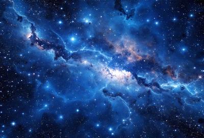 The primary subject of the image is a beautiful, blue, star-filled sky. The setting is a nighttime scene with a dark background, and the visual style is a combination of a photo and digital art. The colors and mood of the image are predominantly blue, creating a serene and peaceful atmosphere.