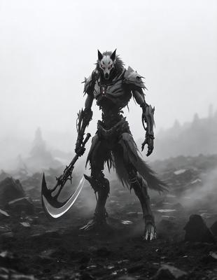 The primary subject of the image is a robotic creature with a wolf-like appearance, holding a large sword. The robot is standing in a dark, foggy environment, which adds to the overall mood of the scene. The visual style of the image is a combination of digital art and illustration, creating a unique and intriguing appearance. The dominant colors in the image are dark shades, such as black, grey, and purple, which contribute to the mysterious and ominous atmosphere.