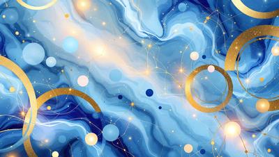 The primary subject of the image is a blue and gold swirling pattern, which appears to be a digital art or illustration. The setting is a blue background, and the visual style is a combination of digital art and illustration. The dominant colors are blue and gold, creating a vibrant and lively atmosphere.