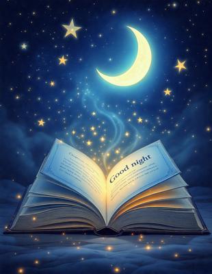 Primary subject: A book with a moon on the cover.

Setting/background: The book is open and appears to be floating in the air.

Visual style: The image is a digital artwork.

Colors and mood: The book cover is predominantly white, and the moon is depicted in a blue hue. The overall atmosphere is serene and peaceful.