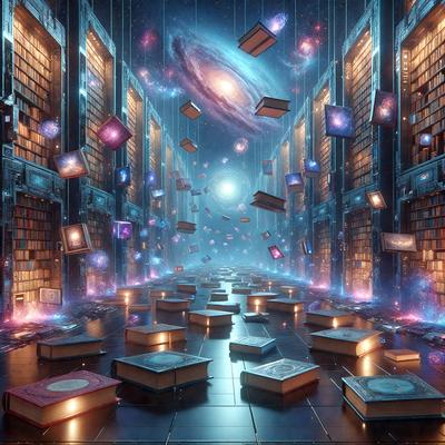 The primary subject of the image is a library filled with books. The setting is a futuristic library with a blue and purple color scheme. The visual style is digital art, creating a surreal and imaginative atmosphere. The dominant colors are blue and purple, which contribute to the futuristic and otherworldly feel of the scene.