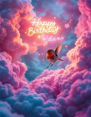 The primary subject of the image is a small bird, which is flying through a pink and purple cloudy sky. The bird is positioned in the center of the scene, surrounded by the vibrant colors of the sky. The setting appears to be a digital art or illustration, as the bird and the clouds are depicted in a visually appealing manner. The overall atmosphere of the image is lively and joyful, as the bird soars through the colorful clouds.