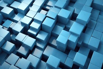 The primary subject of the image is a blue, three-dimensional grid made up of many small blue squares. The setting is a blue background, and the visual style is a digital art or illustration. The dominant colors are blue, and the overall atmosphere is a mix of modern and geometric.