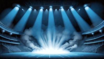 The primary subject of the image is a stage with a blue background and a spotlight shining on it. The setting is a theater or a stage, and the visual style is digital art. The dominant colors are blue and white, creating a cool and modern atmosphere.