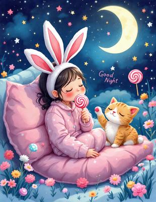 The primary subject of the image is a young girl wearing a bunny costume, sitting on a pink pillow and eating a lollipop. The setting is a nighttime scene with a moon visible in the background. The visual style is a digital art illustration, featuring a cute and whimsical atmosphere. The colors are predominantly pink and white, with the girl's costume and the lollipop being the main focus of the image.