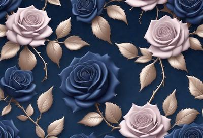 The primary subject of the image is a pattern of blue and pink roses. The setting is a blue background, which creates a contrast with the roses. The visual style is a combination of digital art and illustration, giving the image a unique and artistic appearance. The dominant colors are blue and pink, which evoke a sense of calmness and beauty.