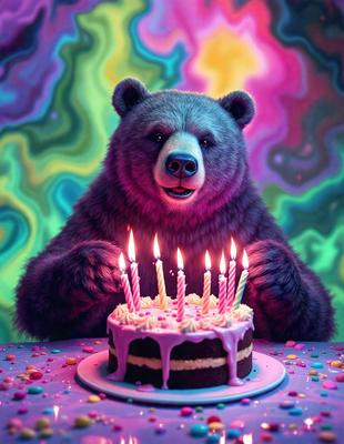 The primary subject of the image is a large brown bear, which is standing next to a birthday cake with lit candles. The bear appears to be smiling, and the cake is placed on a dining table. The setting is a colorful and vibrant environment, with a patterned background that adds to the festive atmosphere. The visual style of the image is a combination of photo and digital art, creating a unique and eye-catching scene. The colors and mood of the image are predominantly warm
