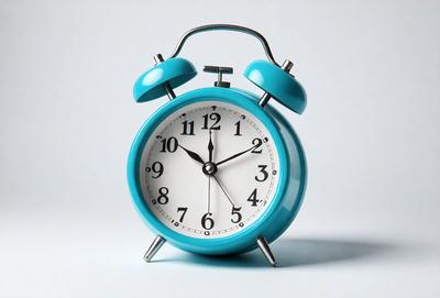 The primary subject of the image is a blue alarm clock with a white face. The clock is placed on a white surface, which serves as the background. The visual style of the image is a photo, capturing the alarm clock in its natural setting. The colors and mood of the image are predominantly white and blue, creating a clean and soothing atmosphere.