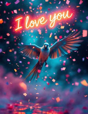 The primary subject of the image is a bird, specifically a parrot, flying in the air. The bird is surrounded by a colorful and vibrant background, which includes a mix of red, blue, and yellow colors. The visual style of the image is a combination of photo and digital art, creating a unique and eye-catching scene. The overall atmosphere of the image is lively and energetic, with the bird soaring through the sky and the vibrant colors adding a sense of excitement and joy.