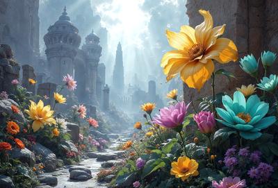 Primary subject: A beautiful garden with a variety of flowers, including yellow and orange ones.

Setting/background: The garden is situated in front of a castle, creating a picturesque and historical atmosphere.

Visual style: The image is a digital artwork, showcasing the artist's creativity and attention to detail.

Colors and mood: The garden is vibrant and colorful, with a cheerful and lively mood. The combination of the castle and the garden creates a sense of ser
