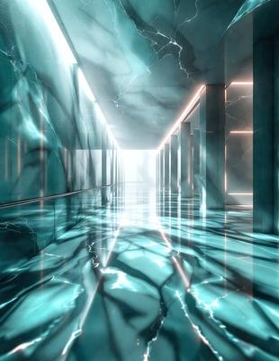 The primary subject of the image is a long, narrow hallway with a blue floor. The setting is a modern, well-lit space, possibly a museum or an art gallery. The visual style is a combination of photo and digital art, creating a unique and captivating atmosphere. The dominant colors are blue and white, with the blue floor and the white walls creating a calming and serene mood.