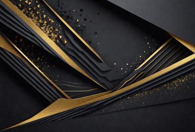 The primary subject of the image is a black and gold geometric pattern. The setting is a black background, and the visual style appears to be a digital art or illustration. The dominant colors are black and gold, creating a sophisticated and elegant atmosphere.