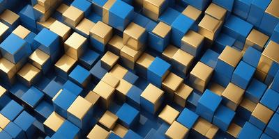 The primary subject of the image is a blue and gold checkered pattern. The setting is a blue background, and the visual style is a digital art or illustration. The dominant colors are blue and gold, creating a vibrant and lively atmosphere.