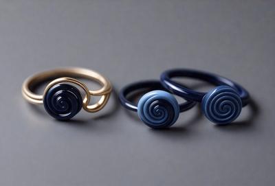 The primary subject of the image is a close-up of three different colored rings, with one being gold, one being blue, and the third being black. The rings are placed on a grey surface, which serves as the setting or background of the image. The visual style of the image is a close-up of the rings, showcasing their colors and details. The overall atmosphere of the image is a combination of elegance and modernity, as the rings are displayed in a contemporary manner.