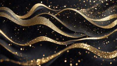The primary subject of the image is a gold-colored fabric with a pattern of swirls and waves. The setting is a dark background, which contrasts with the gold fabric. The visual style is a close-up of the fabric, showcasing its intricate design. The colors and mood of the image are predominantly gold and dark, creating a luxurious and elegant atmosphere.