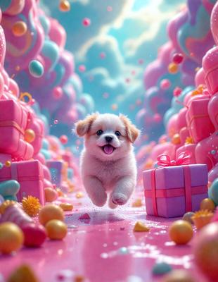 The primary subject of the image is a small white dog with a pink bow on its neck. The dog is running through a pink and white environment, which appears to be a digital art or illustration. The setting includes a path with pink and white balloons and presents, creating a playful and cheerful atmosphere. The colors and mood of the image are predominantly pink and white, giving it a cute and whimsical appearance.
