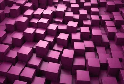 The primary subject of the image is a large number of purple cubes arranged in a visually appealing pattern. The setting is a purple background, which complements the color of the cubes. The visual style of the image is a combination of photo and digital art, creating a unique and eye-catching design. The dominant colors in the image are purple and pink, giving the scene a vibrant and lively atmosphere.