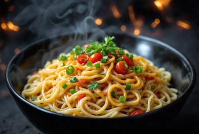 The primary subject of the image is a bowl filled with spaghetti and tomatoes. The spaghetti is covered in a tomato sauce, and the bowl is placed on a dining table. The setting is a kitchen, and the visual style is a photo. The colors in the image are predominantly red and yellow, giving the dish a warm and appetizing appearance.